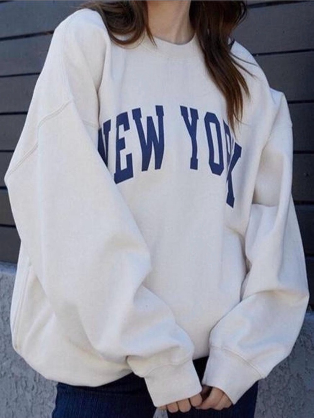 Brandy Melville Cream Sweatshirt with Navy "NEW YORK" Print